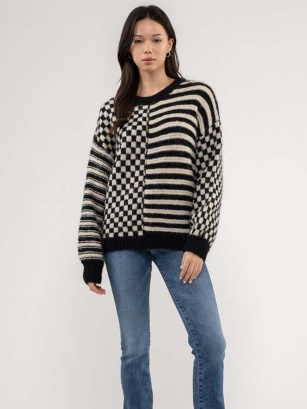 Blu Pepper Delaney Checkered Striped Chunky Knit Crew Sweater Black Cream M - Picture 3 of 16